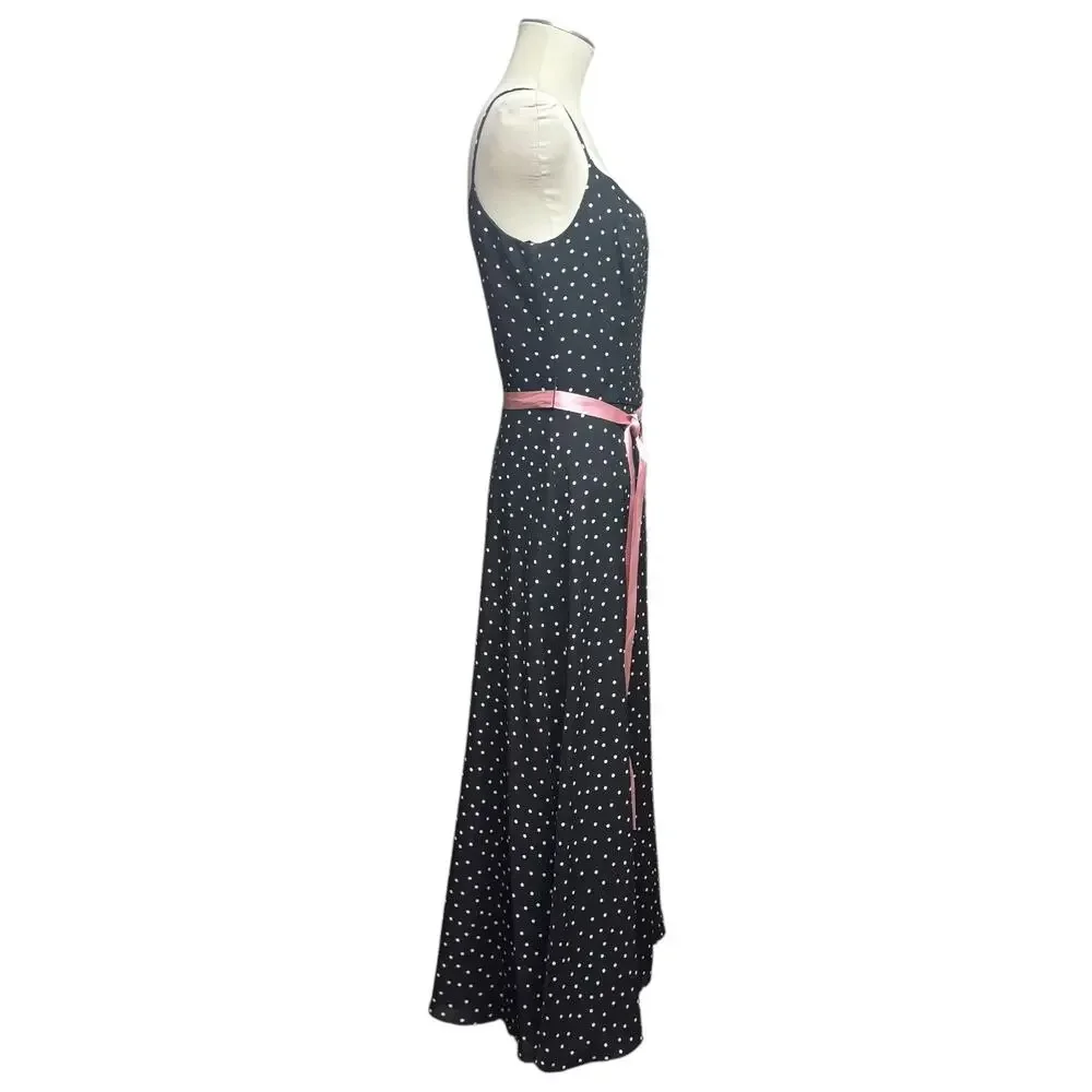 Jessica Howard Sleeveless Belted Polka Dot Midi Dress Black Pink 10